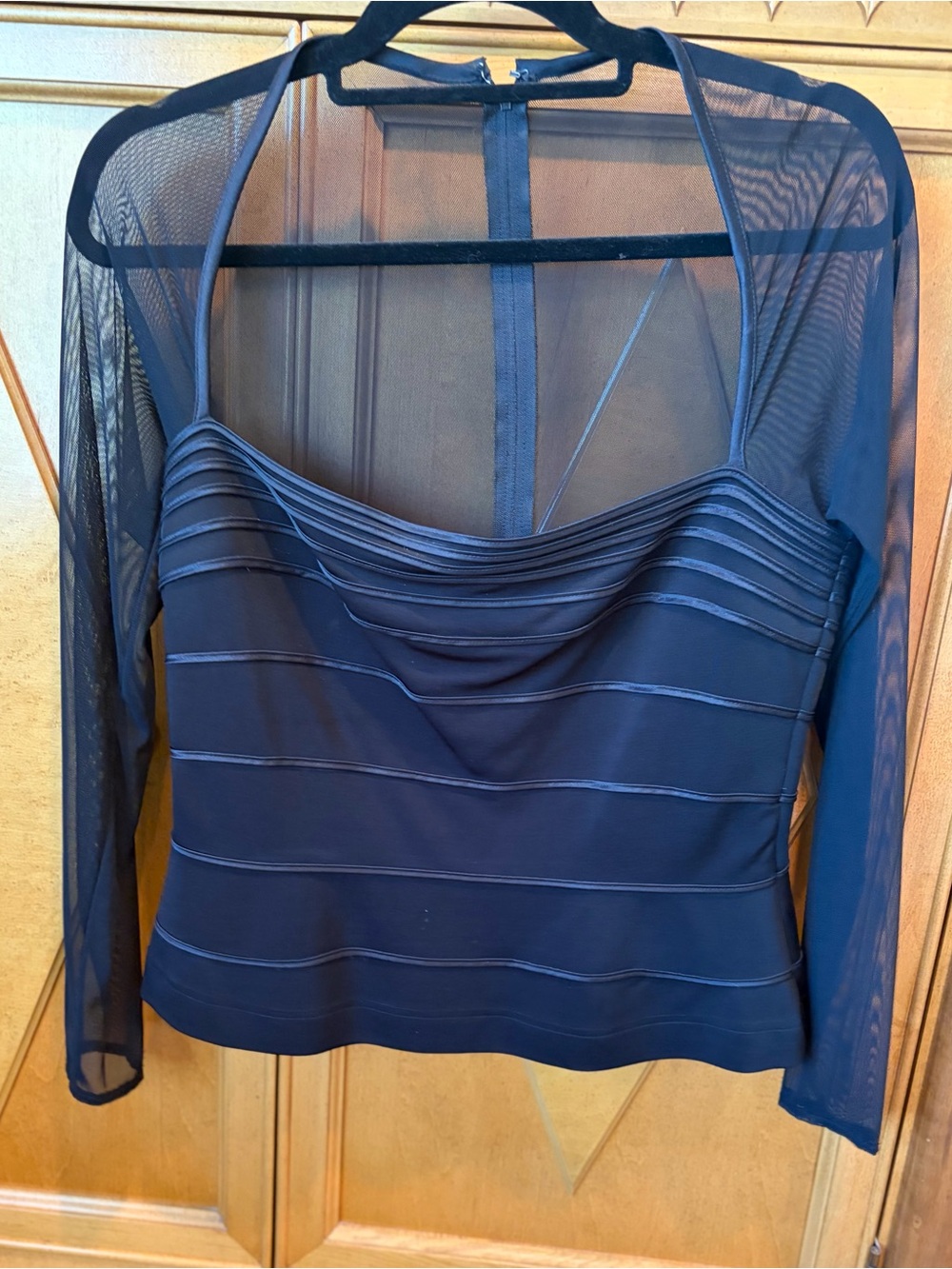 Tadashi Shoji Black Layered Top with Sheer Long Sleeves
